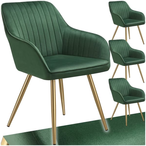 Stol Marilyn, velour, quiltet - mørkegrøn/guld,Sæt med 4 stk.