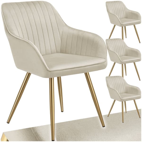 Stol Marilyn, velour, quiltet - creme/guld,Sæt med 4 stk.