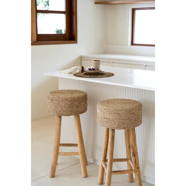 Rootz Raffia Baar -jakkara - Teak Wood Branch Seat - Handwoven Raffia -tuoli - Kestävyys - 35 cm x 35cm x 75 cm