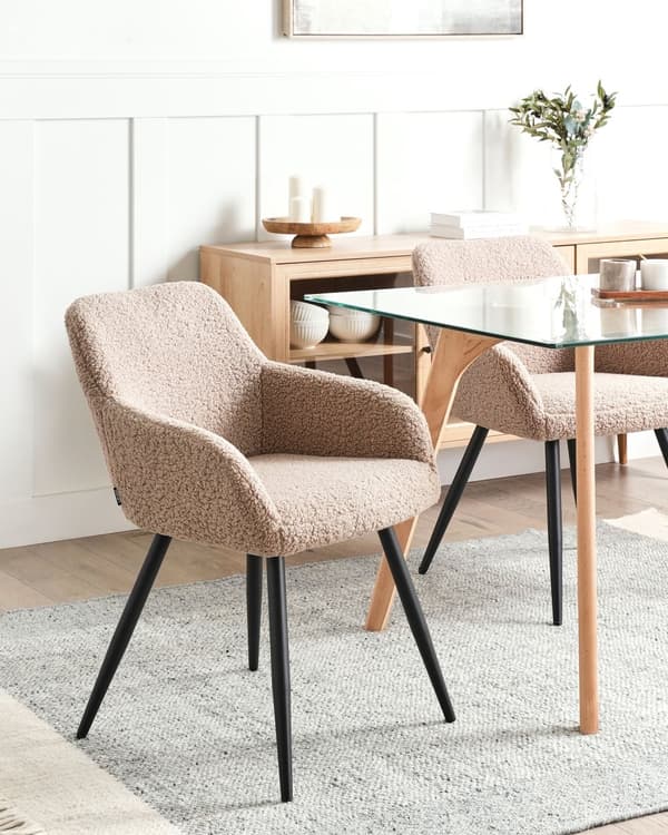 Sett med 2 Spisestoler Taupe Boucle Teddy Stoff Seter Metallben til Spisestue Kjøkken