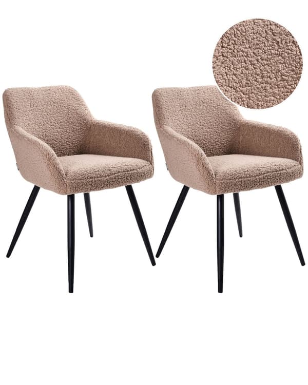 Sæt med 2 boucle-spisestole med knækkede taupe, cremefarvede teddy-sæder med metalben til køkken og spisestue