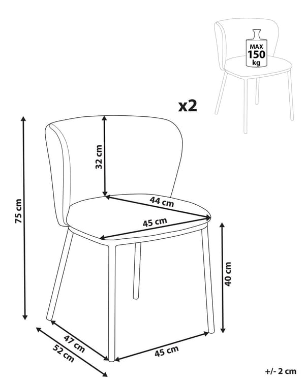 Sæt med 2 spisebordsstole Sort polyesterbetræk Sorte metalben uden armlæn Buet ryglæn Moderne design