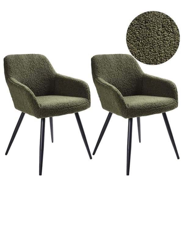 Set om 2 Matstolar Grön Boucle Teddy Tyg Sits Metallben för Matsal Kök