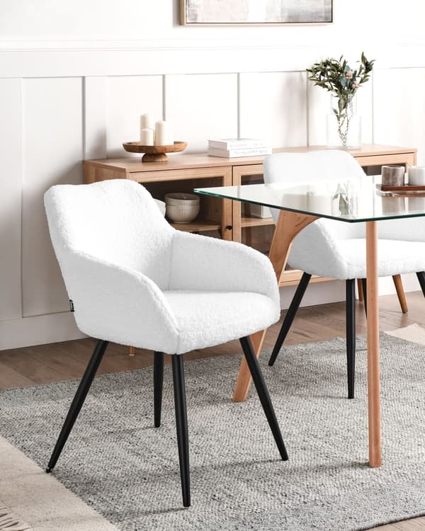 Set om 2 Matstolar Off-White Boucle Teddy Tyg Sits Metallben för Matsal Kök