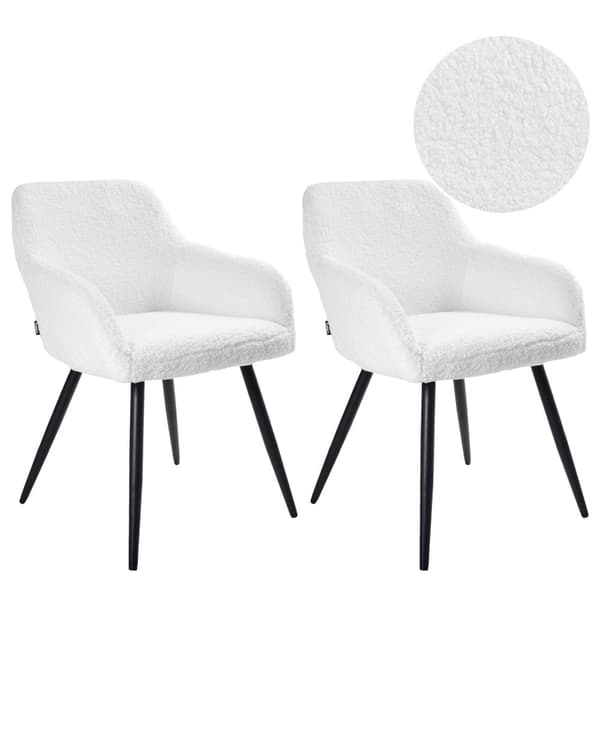 Set om 2 Matstolar Off-White Boucle Teddy Tyg Sits Metallben för Matsal Kök