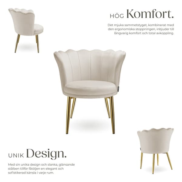 Stoppad stol Stella, 67x64x76cm - Sammet crème/guld