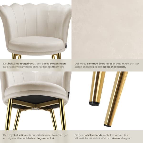 Stoppad stol Stella, 67x64x76cm - Sammet crème/guld