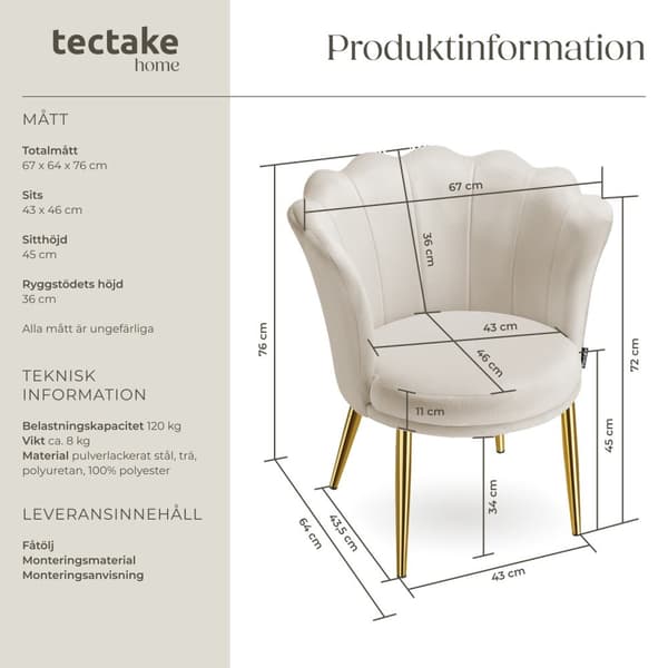 Stoppad stol Stella, 67x64x76cm - Sammet crème/guld