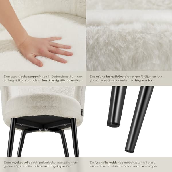 Stoppad stol Stella, 67x64x76cm - Fuskpäls crème/svart