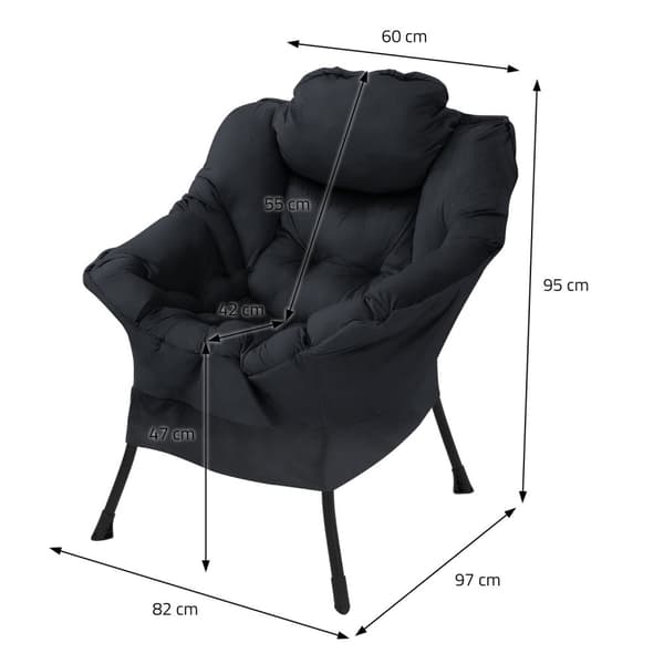 Relax-lænestol sort med armlæn og tyk hovedpude og metalstel Loungestol op til 120 kg ML-design