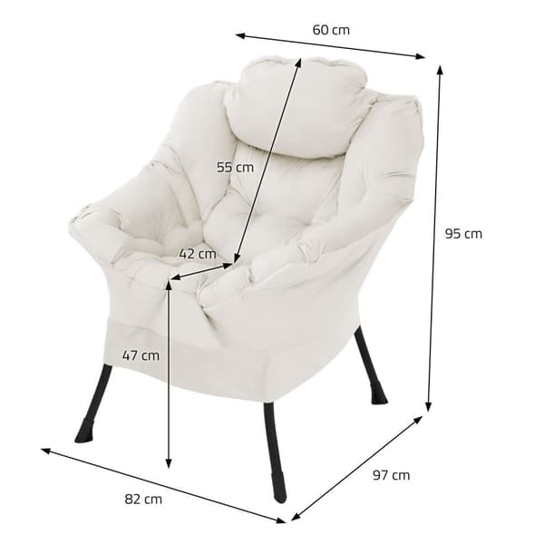 Relaxfåtölj creme med armstöd och tjock huvuddyna och metallram Loungefåtölj upp till 120 kg ML design