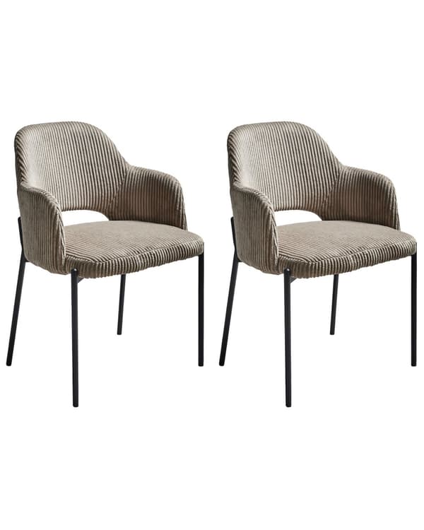 Sæt med 2 spisebordsstole taupe fløjlsbeklædning med armlæn moderne retrostil køkken spisestue
