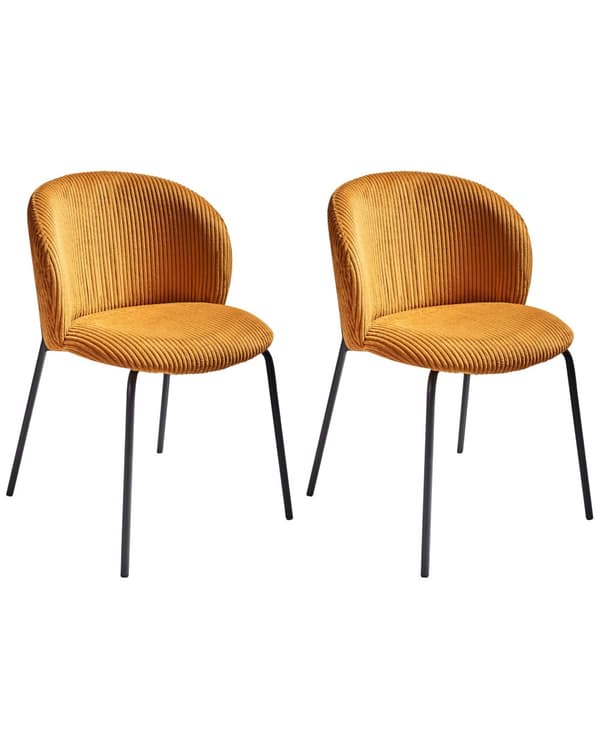 Sæt med 2 spisebordsstole i orange fløjlsbeklædning med afrundet ryg i moderne retrostil til køkken og spisestue