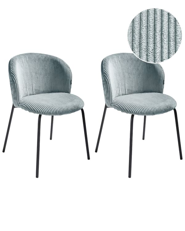 Sæt med 2 spisebordsstole i lyseblå fløjlsbeklædning med afrundet ryg i moderne retrostil til køkken og spisestue
