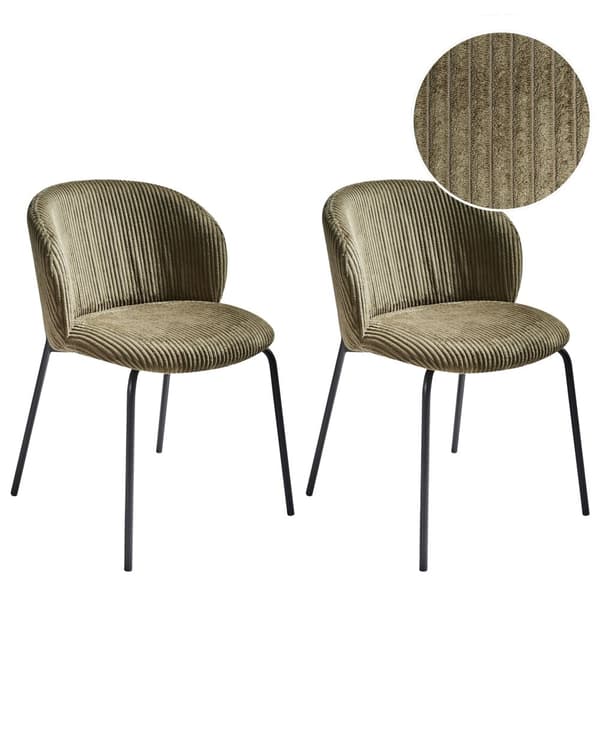 Sett med 2 Spisestuestoler Olivengrønn Kordfløyel Trekk med Avrundet Ryggstøtte Retro Design
