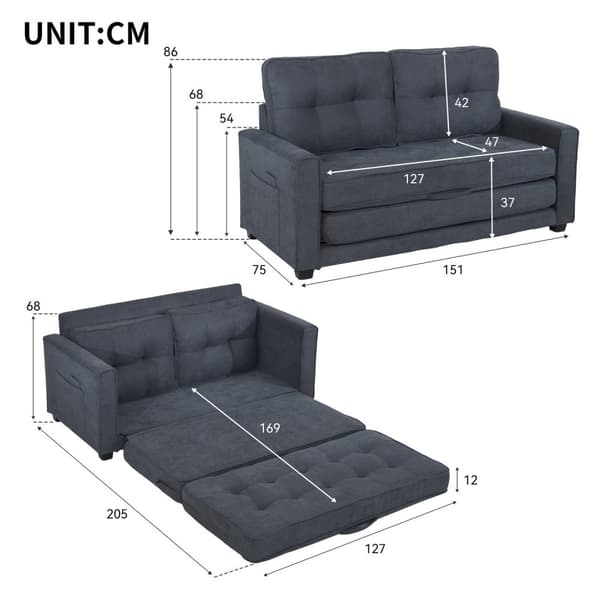 Rootz Modern 2 -Seater Sofa Bed - Convertible Couch - Sleeper Sofa - Double -Layer Padding - 151L X 75W X 86H cm
