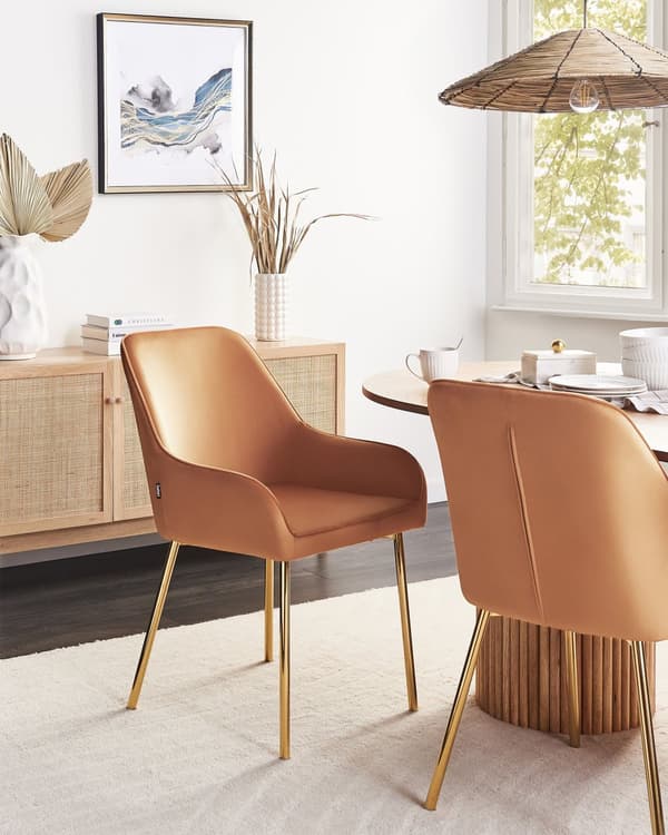 Sæt med 2 Spisestuestole Orange Velour Betrukket med Gylden ben Glamourøs Stil