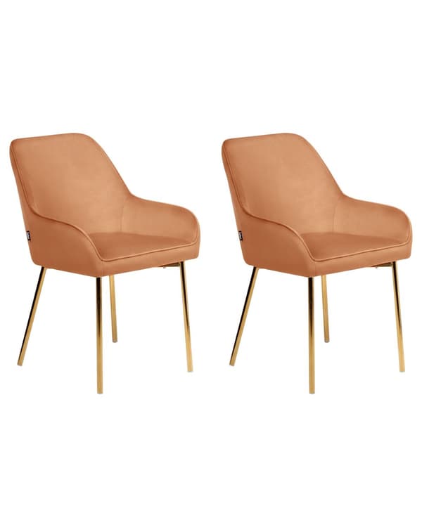 Sæt med 2 Spisestuestole Orange Velour Betrukket med Gylden ben Glamourøs Stil