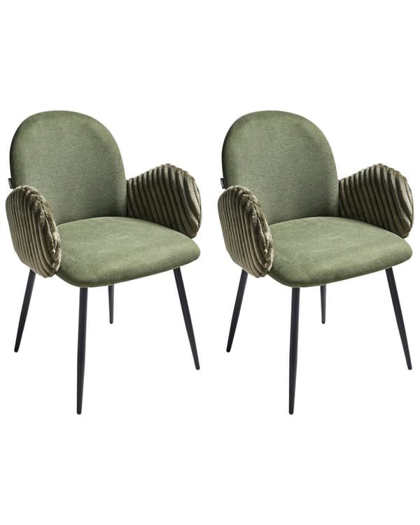 Sett med 2 Spisestoler Grønn Stofftrekk med Armlener i Fløyel Retro Design