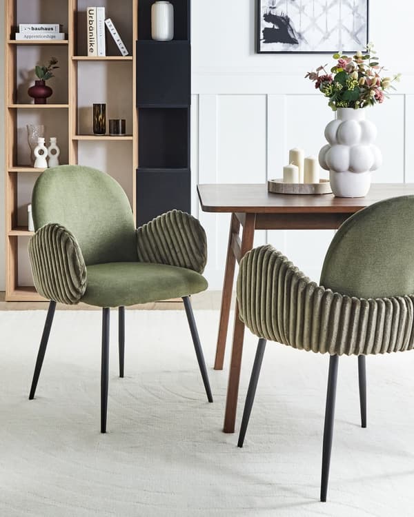 Spisebordsstol Grøn Stof Sæt af 2 Spisestole Moderne Spisestuestol Polstrede Stole til Spisebord med Armlæn Ribbet Ryg Design