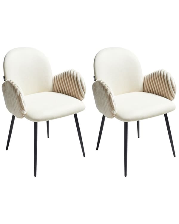 Spisebordsstol Beige Stof Sæt af 2 Spisestole Moderne Spisestuestol Polstrede Stole til Spisebord med Armlæn Ribbet Ryg Design