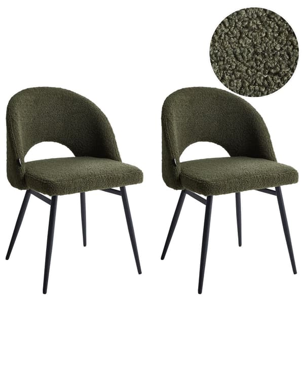 Sett med 2 Spisestoler Mørkegrønt Boucle-trekk Utskåret Ryggstøtte Sorte Metallben Moderne Design