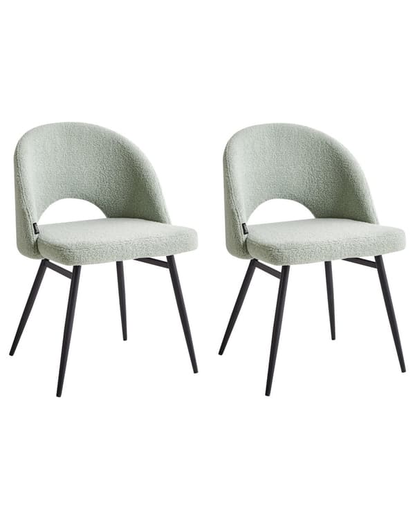 Sett med 2 spisestuestoler Lysegrønn Boucle-polstring Utskåret ryggstøtte Svarte metallben Moderne design