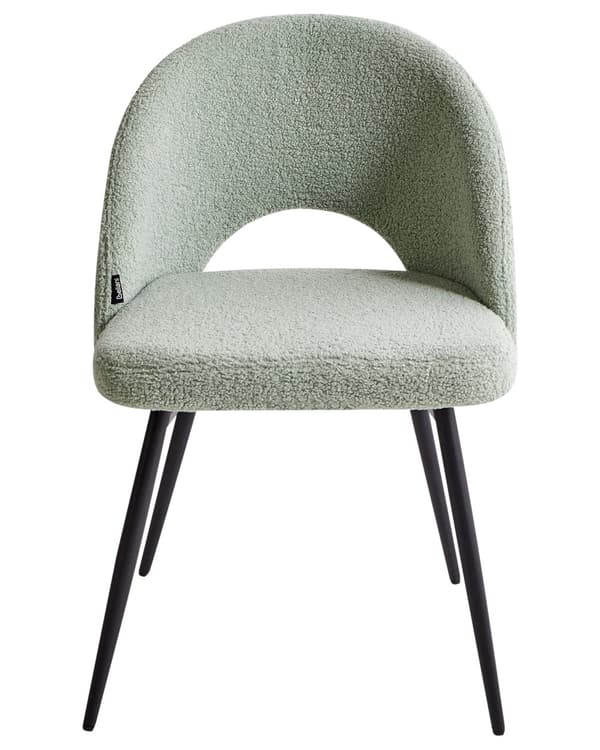 Sett med 2 spisestuestoler Lysegrønn Boucle-polstring Utskåret ryggstøtte Svarte metallben Moderne design