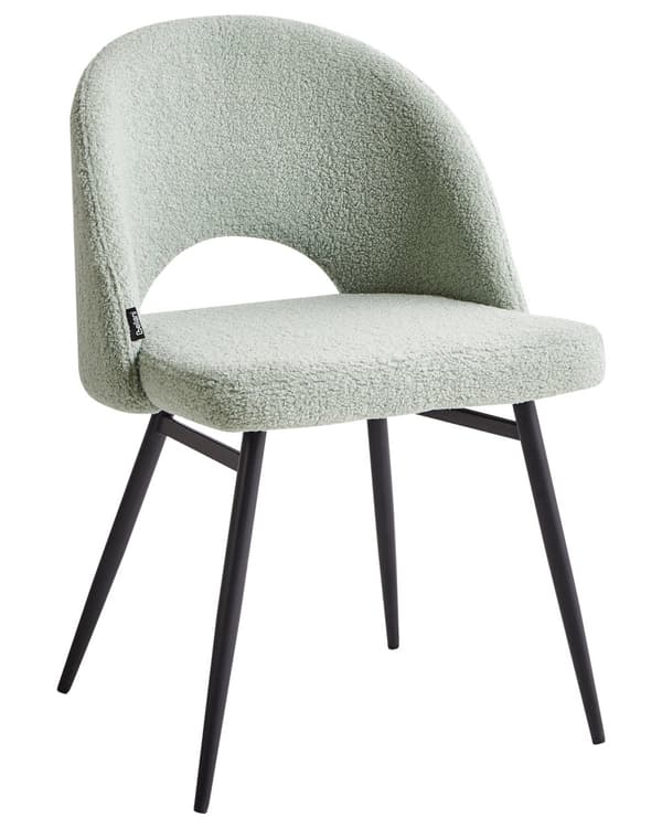 Sett med 2 spisestuestoler Lysegrønn Boucle-polstring Utskåret ryggstøtte Svarte metallben Moderne design