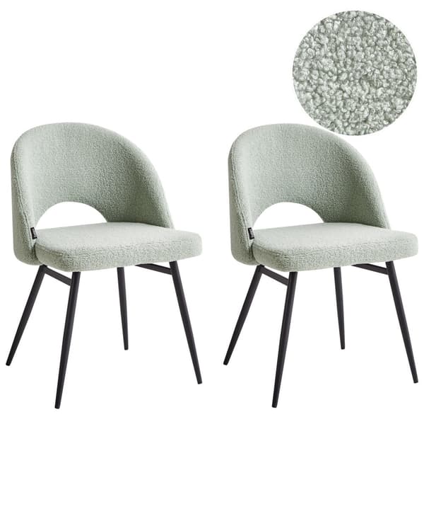Sett med 2 spisestuestoler Lysegrønn Boucle-polstring Utskåret ryggstøtte Svarte metallben Moderne design