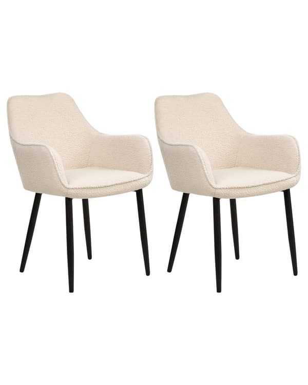 Sett med 2 Spisestoler Lysebeige Boucle med armlener Svarte metallben Moderne design