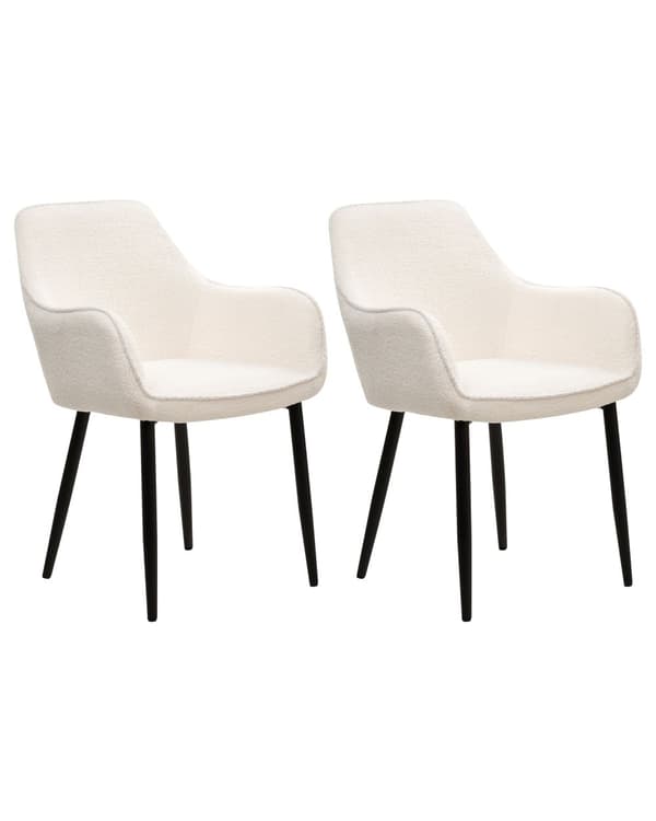 Sett med 2 Spisestoler Hvit Boucle med armlener Svarte metallben Moderne design