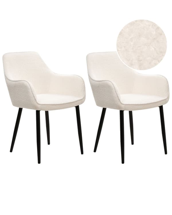 Sett med 2 Spisestoler Hvit Boucle med armlener Svarte metallben Moderne design
