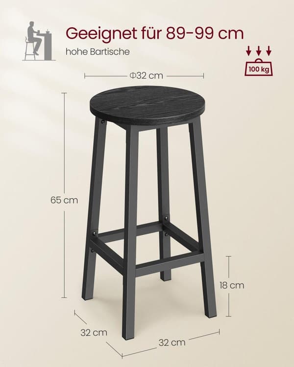 Barstol, VASAGLE LBC032B02, 32x65 cm, Svart