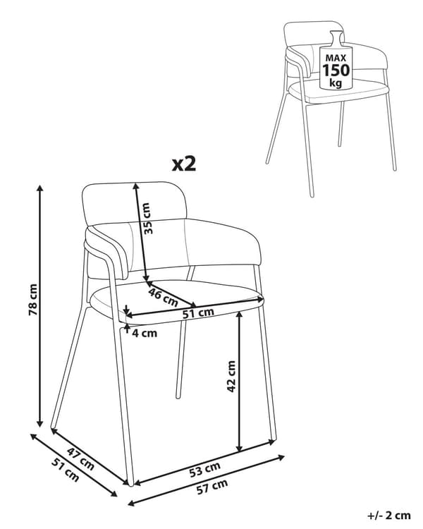 Sæt med 2 spisebordsstole beige polstrede sæder og rygge med sidearmlæn metalben moderne design