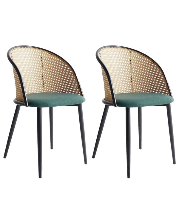 Sæt med 2 spisebordsstole Sort metalstel Grønt stofsæde Flettet ryglæn Retro Seating