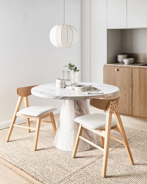 Sett med 2 spisestoler Lysebrun Grå Ramme i gummitre Polstret sete i polyesterstoff Retro stil Spisestue Kjøkkenstoler
