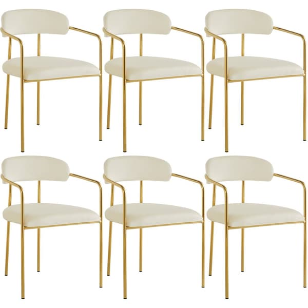 Sæt med 6 fløjlsstole - Moderne stil - Forgyldt jernstel - Hvid og guld