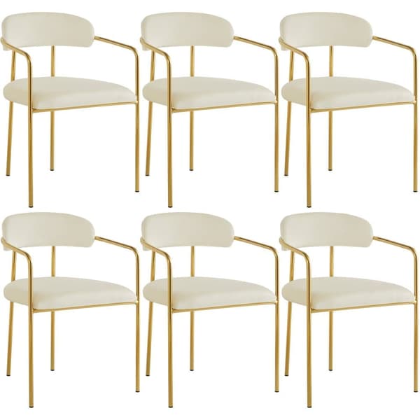 Sæt med 6 fløjlsstole - Moderne stil - Forgyldt jernstel - Hvid og guld