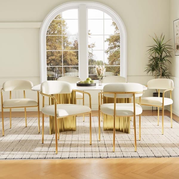 Sæt med 6 fløjlsstole - Moderne stil - Forgyldt jernstel - Hvid og guld