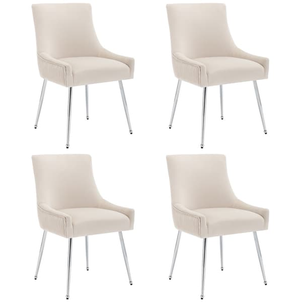 Set om 4 stoppade sammetsstolar med pläterade ben - Beige och silver