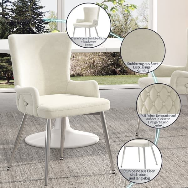Sæt med 2 fløjlsstole - sølvfarvede metalben - beige