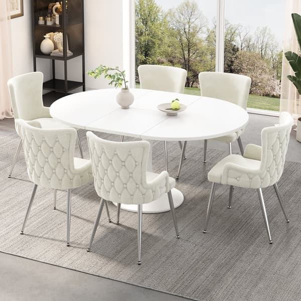 Sæt med 6 fløjlsstole - sølvfarvede metalben - beige