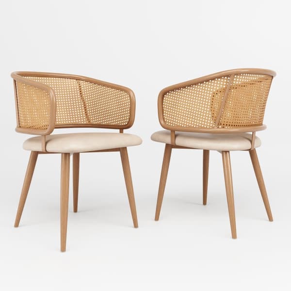 Sæt med 2 stole med rattan ryglæn - beige hynder i imiteret læder - metalben - brun