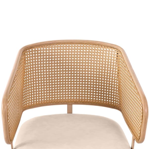 Sæt med 2 stole med rattan ryglæn - beige hynder i imiteret læder - metalben - brun