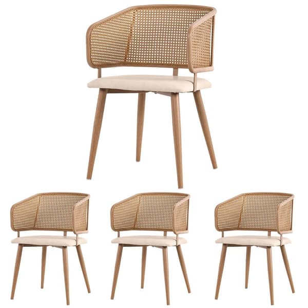 Sæt med 4 stole med ryglæn i rattan - beige hynder i imiteret læder - metalben - brun