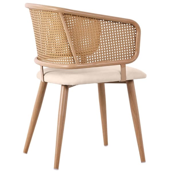 Sæt med 4 stole med ryglæn i rattan - beige hynder i imiteret læder - metalben - brun