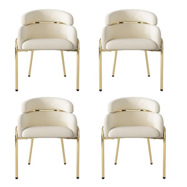 Sæt med 4 fløjl lænestole - med 4 gyldne metalben - Beige