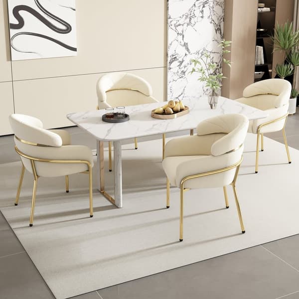 Sæt med 4 fløjl lænestole - med 4 gyldne metalben - Beige