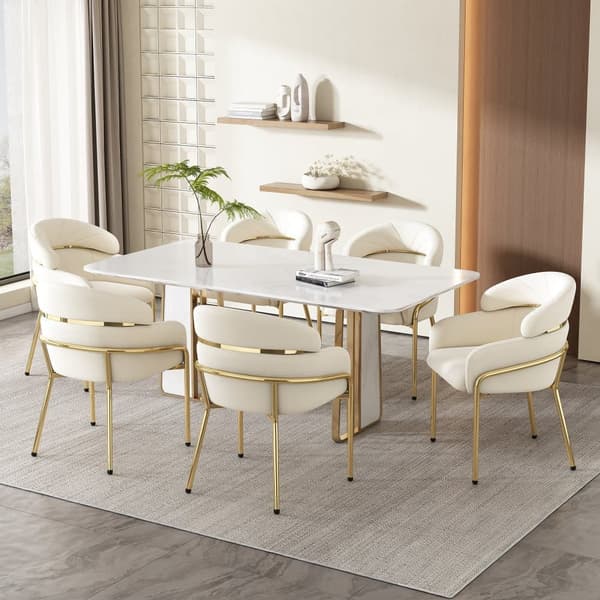 Sæt med 6 fløjl lænestole - med 4 gyldne metalben - Beige